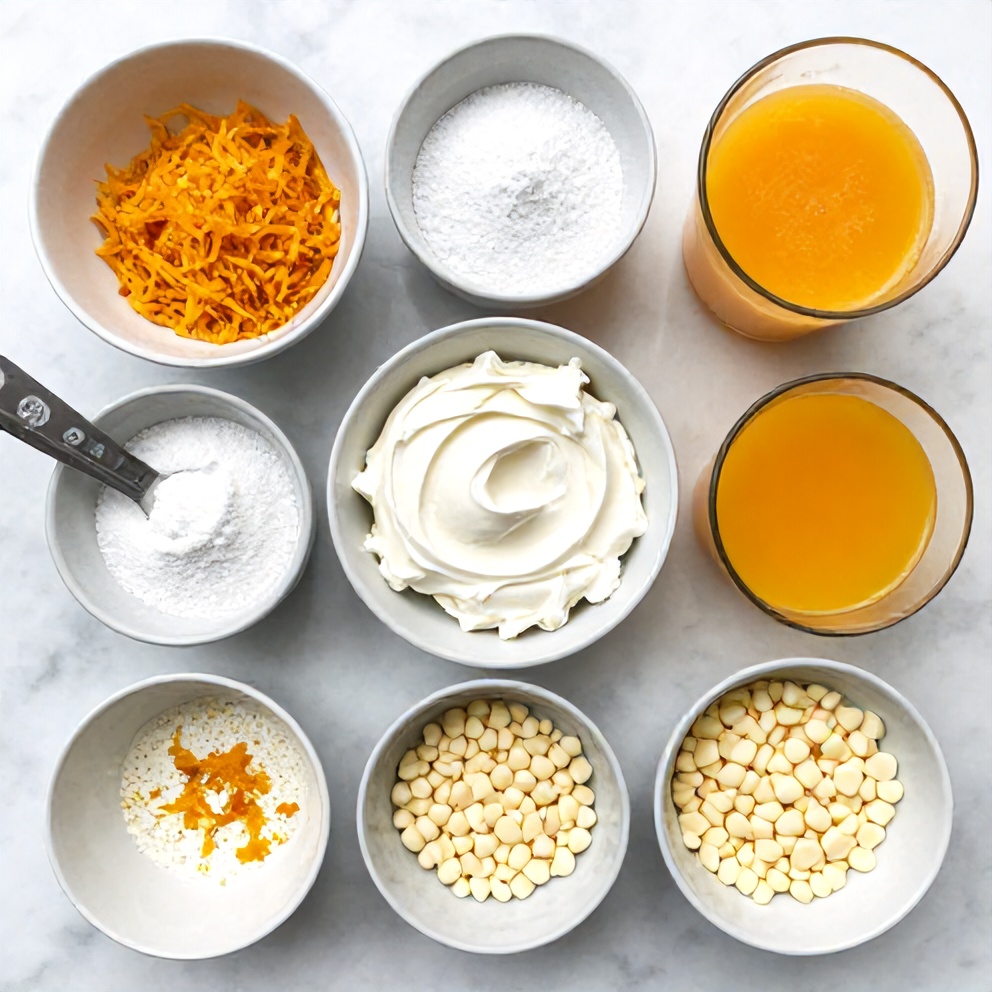 Orange zest, cream cheese, orange juice, confectioners sugar, and white chocolate chips