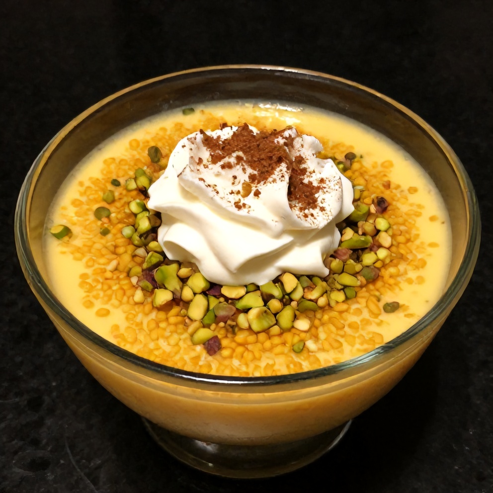 Plated Orange Blossom Semolina Pudding with Pistachios