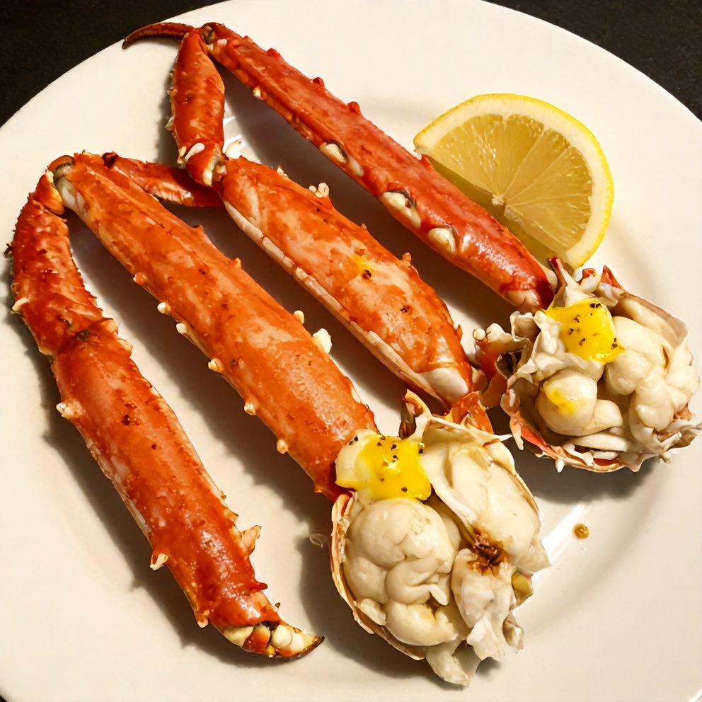 Plated snow crab legs with lemon wedges and melted garlic butter
