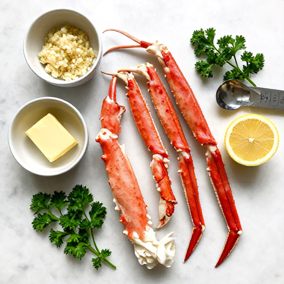 Raw snow crab legs, garlic, butter, lemon, and parsley arranged on a white marble surface