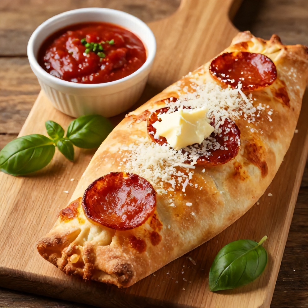 One crispy hot pocket cut open, showing melted cheese and pepperoni, on a wooden board