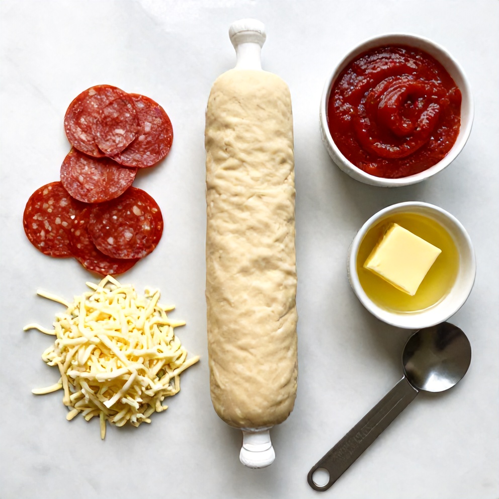 Overhead flat lay of pizza dough, pepperoni, mozzarella, sauce, and butter on a marble surface