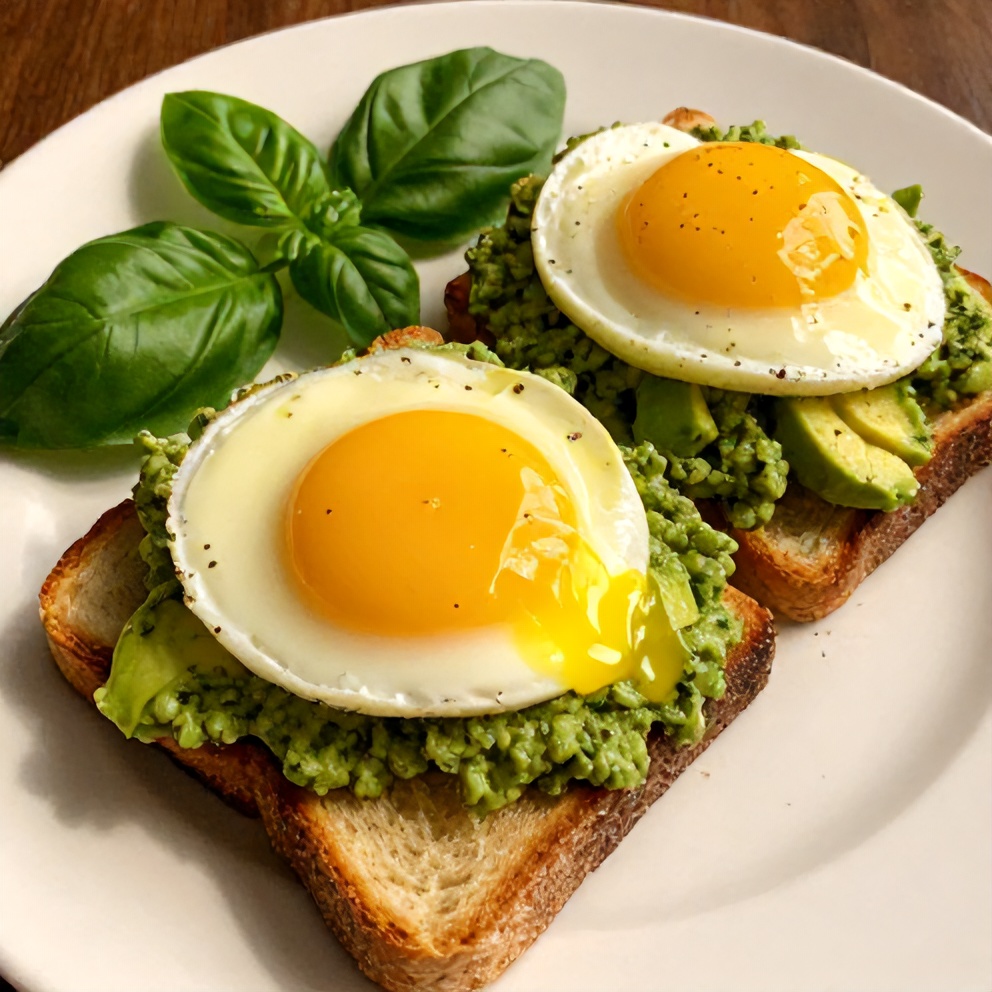 Pesto eggs on avocado toast plated with a side of fresh basil