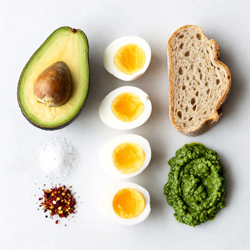 Avocado, eggs, pesto, bread, salt, pepper, and red pepper flakes laid out on a white marble surface