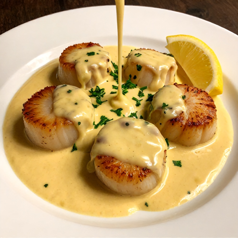 Plated Quick Cajun Scallops in Creamy Mustard Sauce