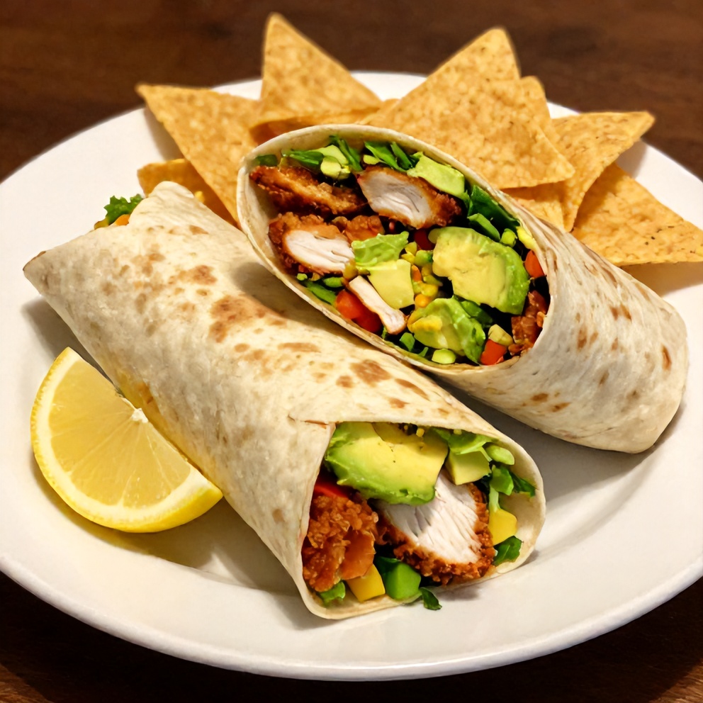 Plated Chicken Avocado Wrap with a side of chips