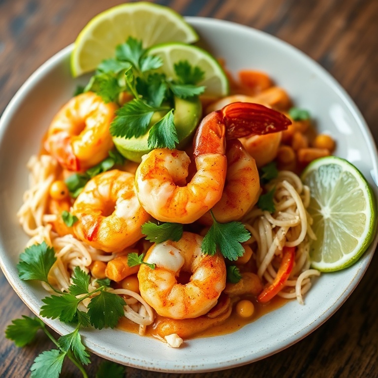 A perfectly plated chipotle lime shrimp bowl. Topped with avocado, cilantro, and lime. Bright, colorful, and full of texture.
