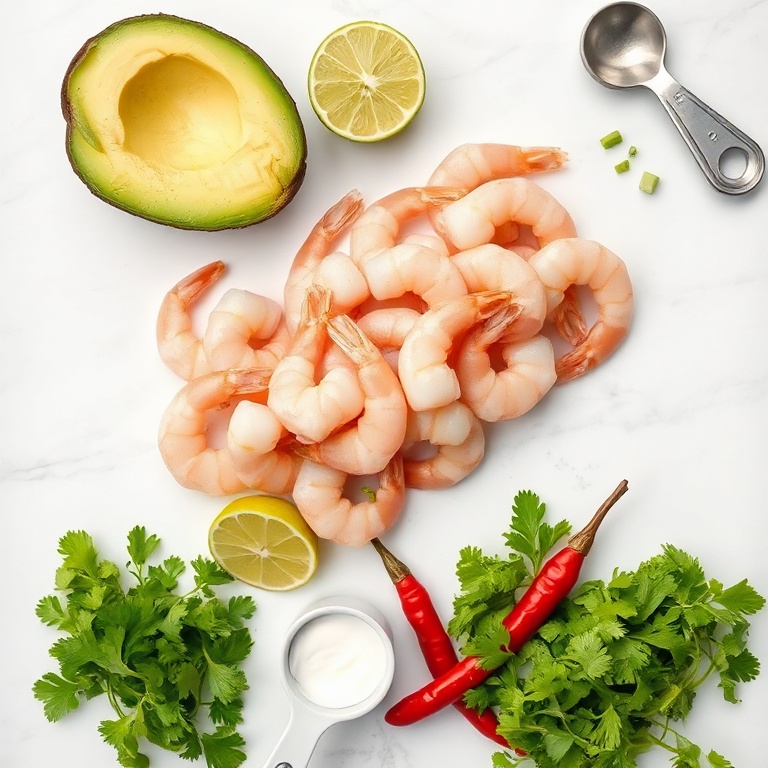 Raw shrimp, avocado, lime, cilantro, and chipotle peppers arranged in a flat lay. Measuring spoons and bowls visible.