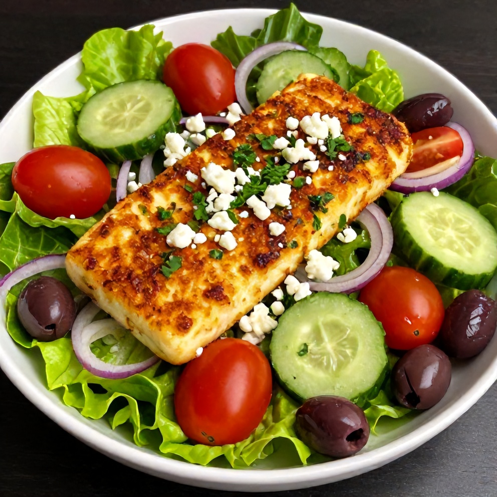 Plated Greek Power Bowl with Crispy Halloumi