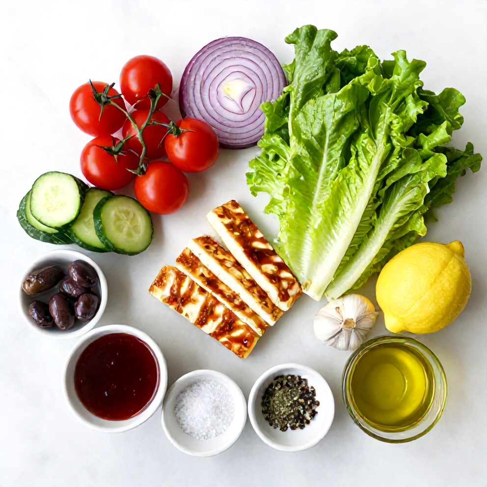 Raw Ingredients for Greek Power Bowl with Halloumi