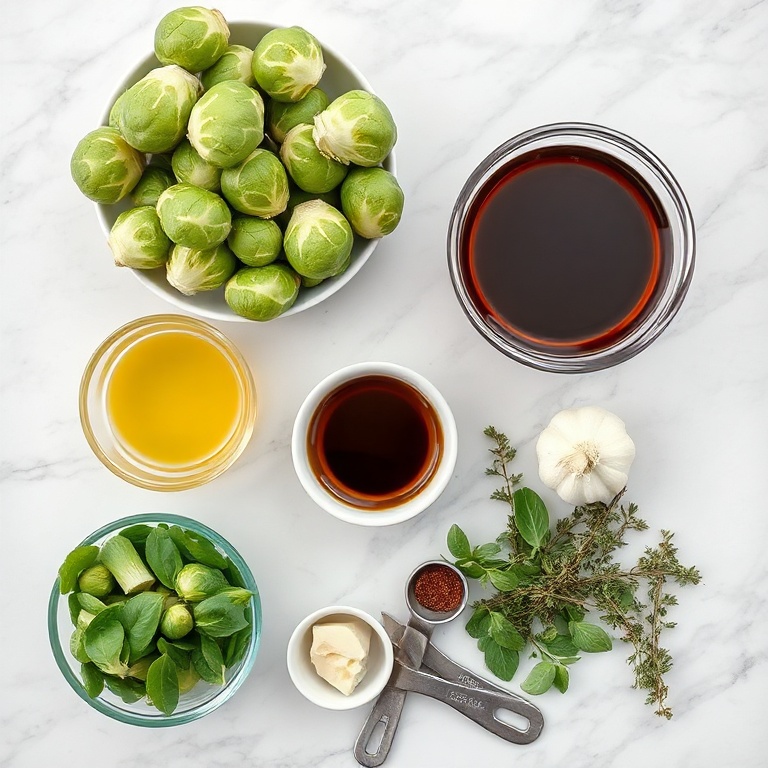 Fresh Brussels sprouts, olive oil, balsamic vinegar, garlic, and thyme arranged neatly on a marble surface with measuring tools