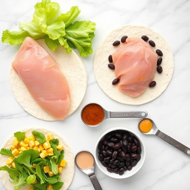 Flat lay of raw chicken, tortillas, lettuce, corn, beans and mayo