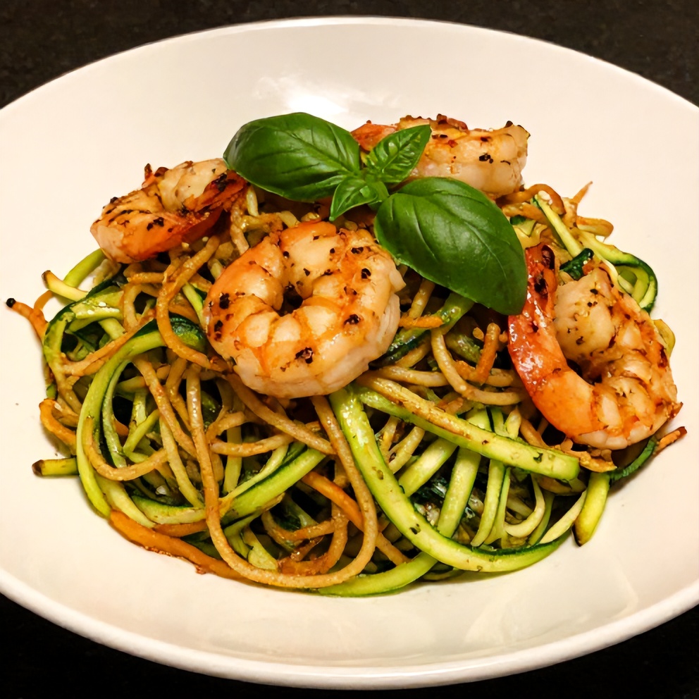 Plated zucchini noodles with pesto and grilled shrimp