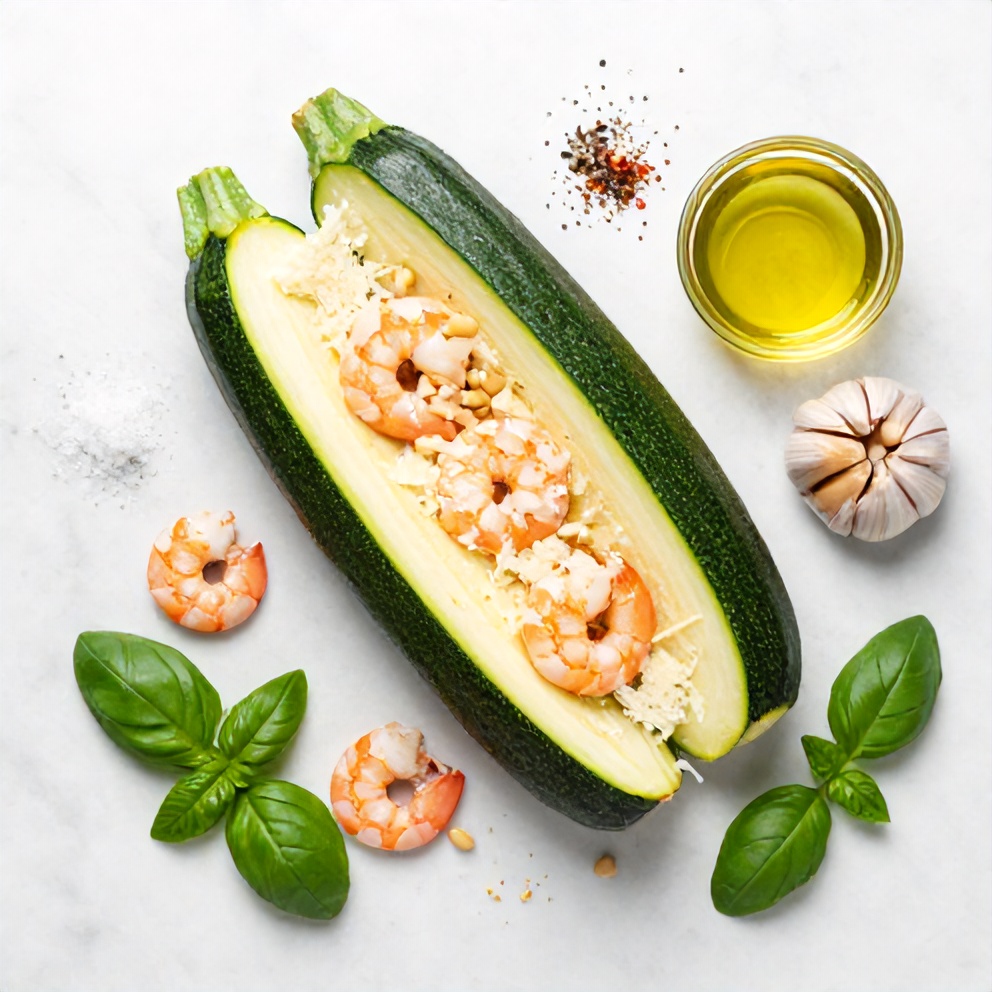 Raw ingredients for zucchini noodles with pesto and shrimp