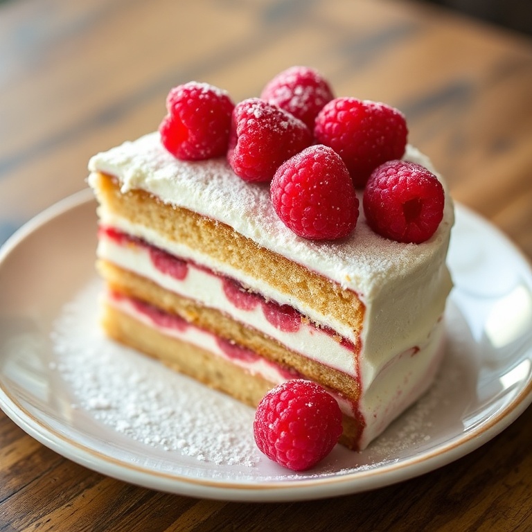 A perfectly plated serving of Raspberry Magic Cake with Vanilla Layers. Topped with fresh raspberries and a dusting of powdered sugar. Close crop, warm lighting highlights texture.