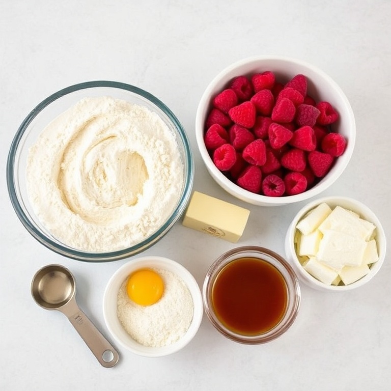 Raw ingredients for Raspberry Magic Cake with Vanilla Layers: fresh raspberries, cake flour, butter, eggs, and vanilla extract. Measuring spoons and bowls visible. Bright even light.