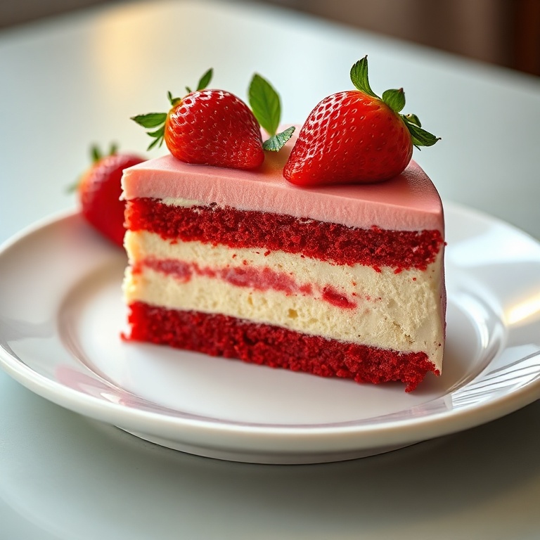 One perfect slice of red velvet strawberry cheesecake cake. Fresh strawberries as garnish. Classic white plate. Warm side lighting showing texture. Photorealistic food photography.