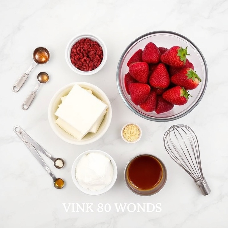 Overhead flat lay of red velvet cake mix, cream cheese, strawberries, sugar, and vanilla extract. Measuring spoons, a mixing bowl, and a whisk visible. White marble surface. Bright even light.