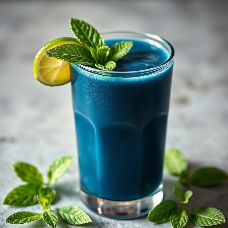 A single serving of blue spirulina juice in a clear glass. The garnish is a lime wedge and a mint leaf. The glass fills 90% of the frame. Warm side lighting shows the smooth texture. Photorealistic food photography style.