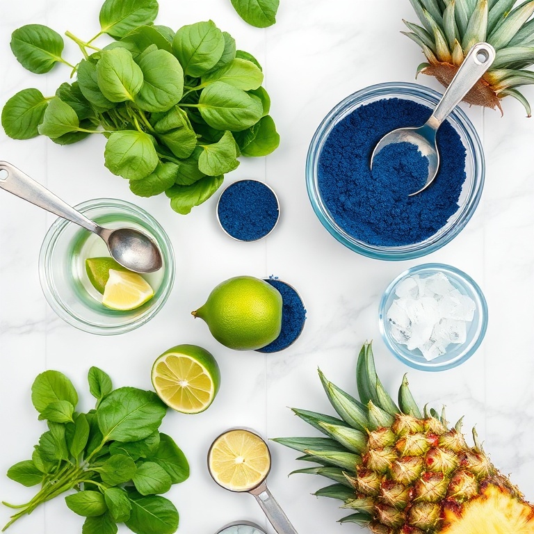 Overhead flat lay of raw ingredients for this blue spirulina juice. The 5 most visually prominent ingredients are fresh spinach, blue spirulina powder, pineapple, lime, and ice. Prep bowls, measuring spoons, and measuring cups are visible. A white marble surface is in the background. Bright even light. Photorealistic food photography style.