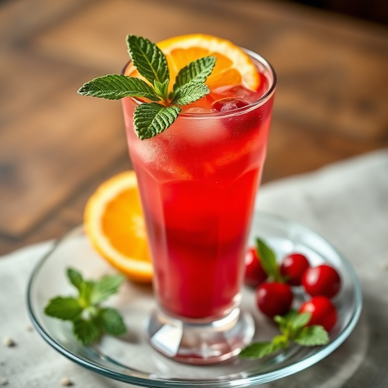 A perfectly plated cranberry orange mocktail in a tall glass. Fresh mint and orange slice garnish. Warm side lighting highlights the texture.