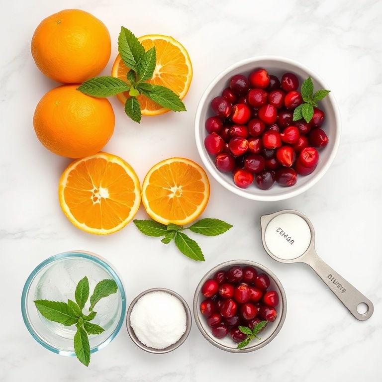 Raw ingredients for a cranberry orange mocktail: fresh oranges, cranberries, mint leaves, sugar, and club soda. Overhead flat lay on white marble surface.