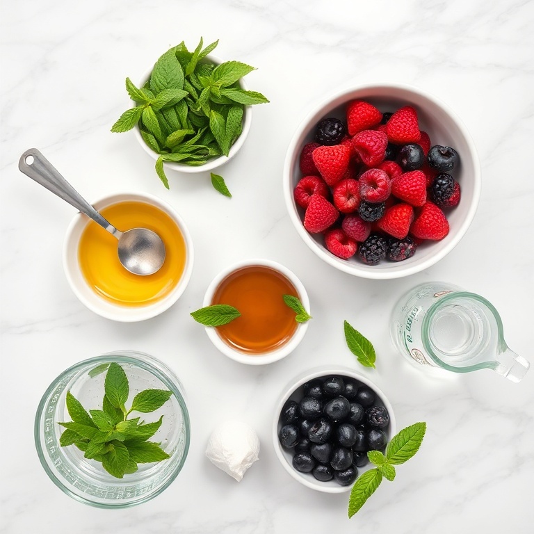 Ingredients for Refreshing Fizzy Berry Drink with Fresh Mint