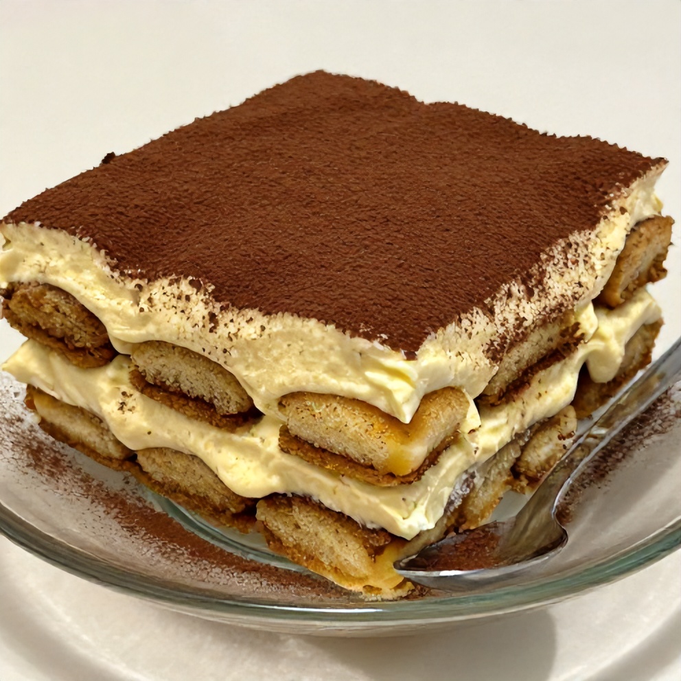 Served lemon tiramisu with a dusting of cocoa powder