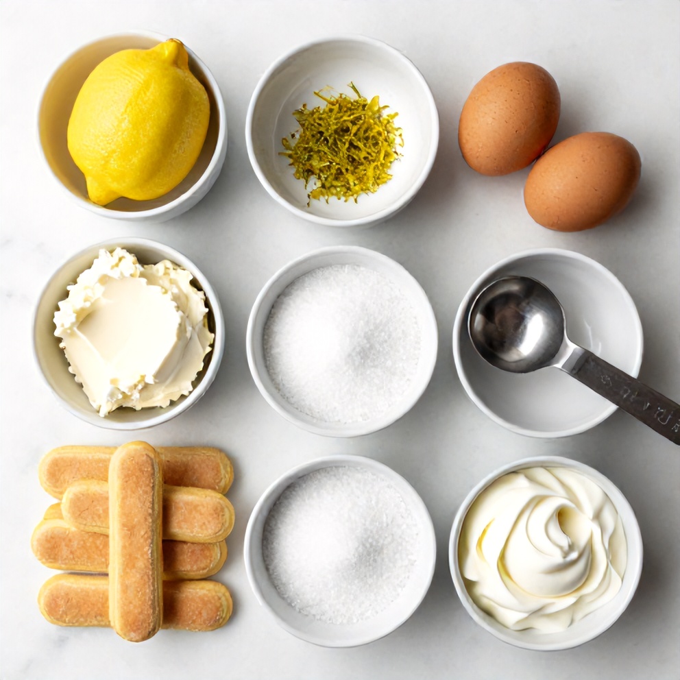 Raw ingredients for lemon tiramisu: ladyfingers, mascarpone cheese, lemon zest, eggs, sugar, rum, heavy cream