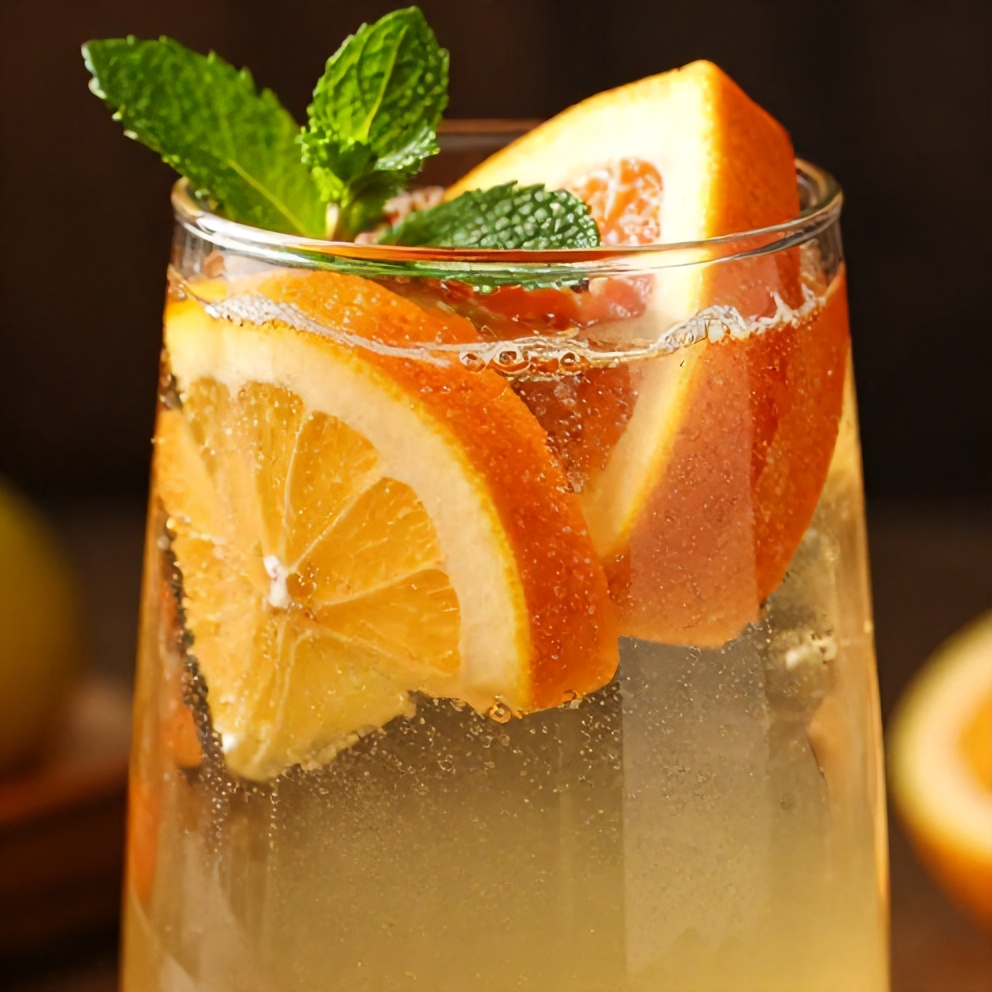 Glass of sparkling fruit punch with fruit slices