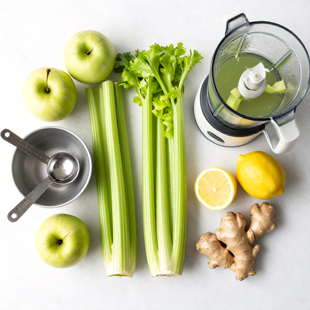 Raw ingredients for celery apple juice: apples, celery, lemon, ginger, and a blender