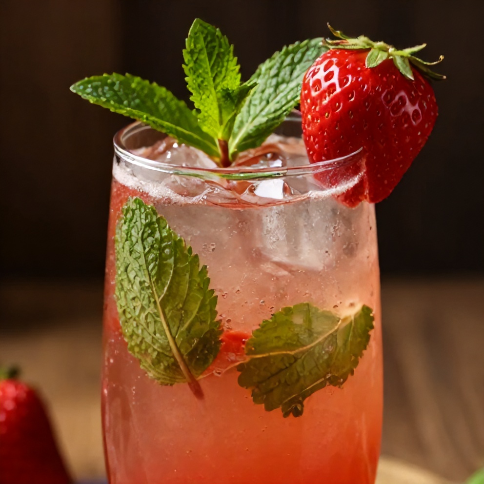 Glass of Strawberry Mint Lemonade with a strawberry and mint garnish