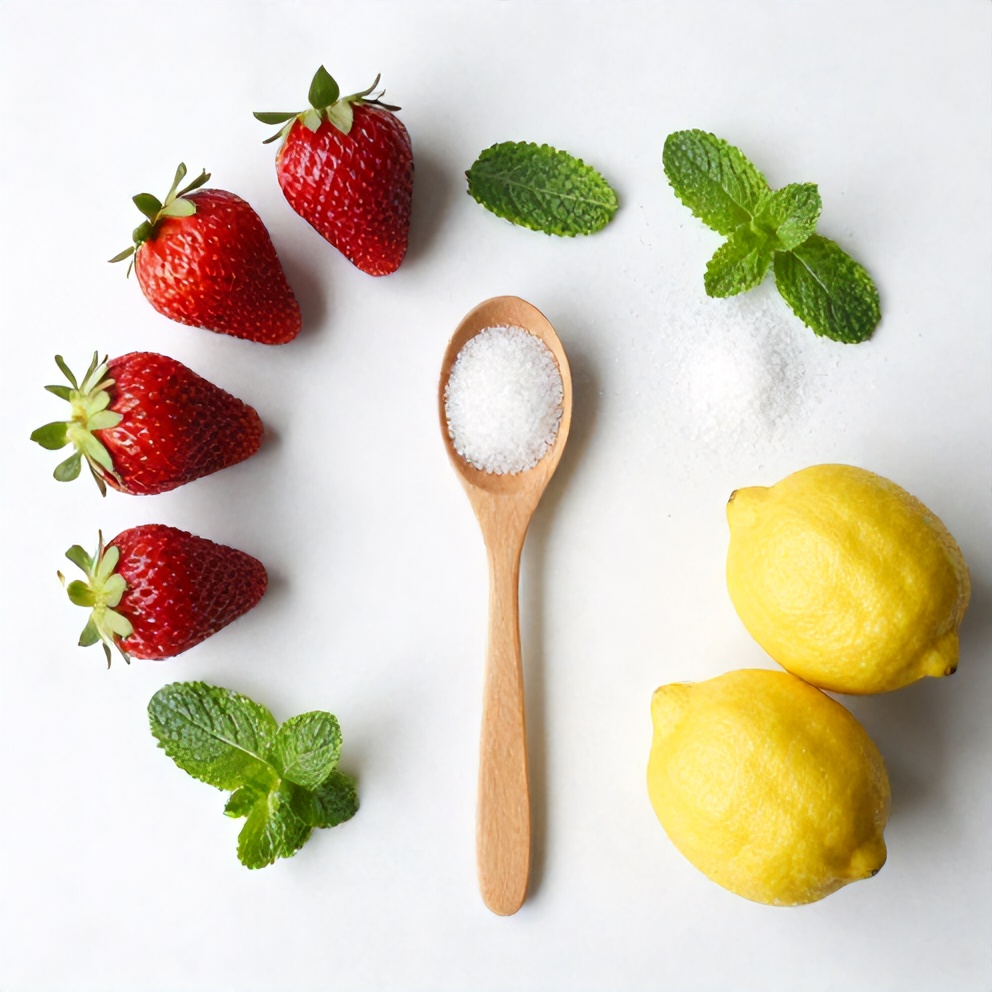 Strawberries, lemons, fresh mint, sugar, and water on a wooden surface