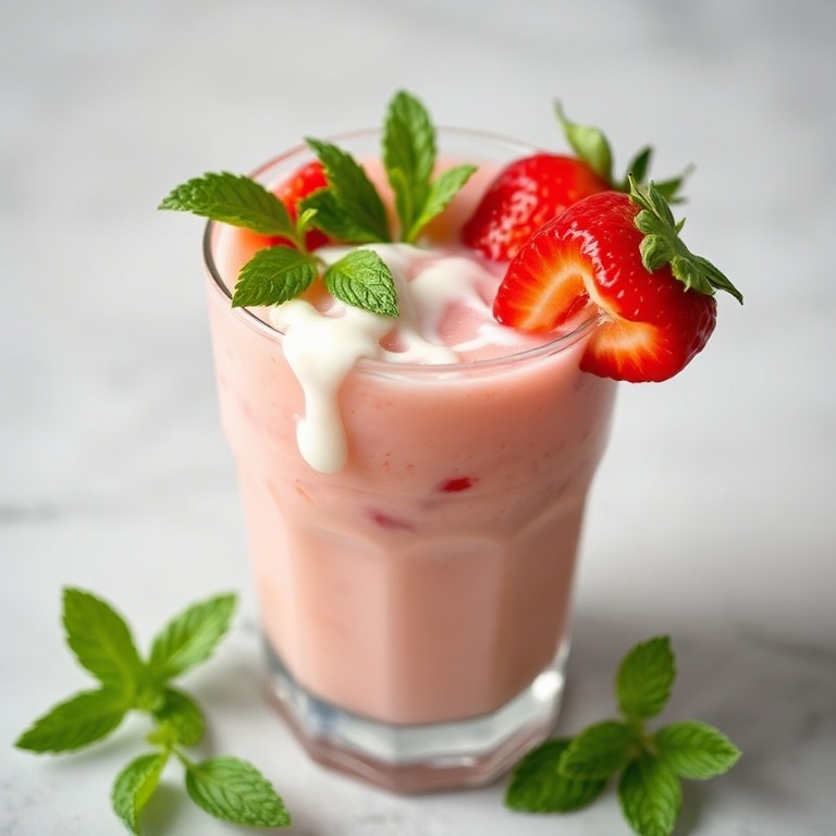 A single serving of strawberry sago in a glass. Topped with fresh strawberries and a drizzle of coconut milk. A sprig of mint on the rim.