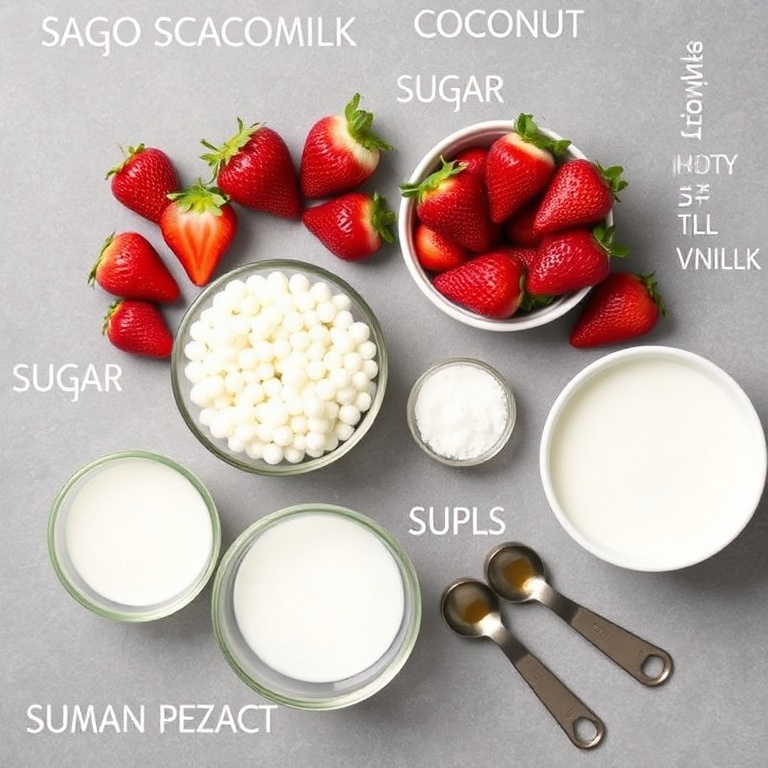 Fresh strawberries, sago pearls, coconut milk, sugar, and vanilla extract arranged in a flat lay. Measuring spoons and bowls nearby.