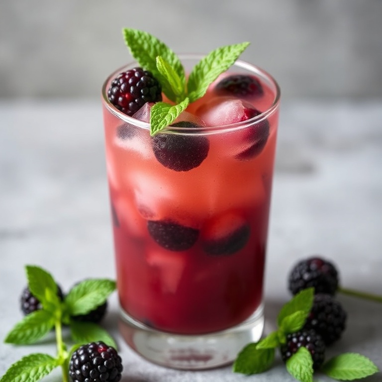 A single glass of vanilla earl grey blackberry mocktail with a sprig of mint on top. The glass is clear, showing the layered color and fresh ingredients.