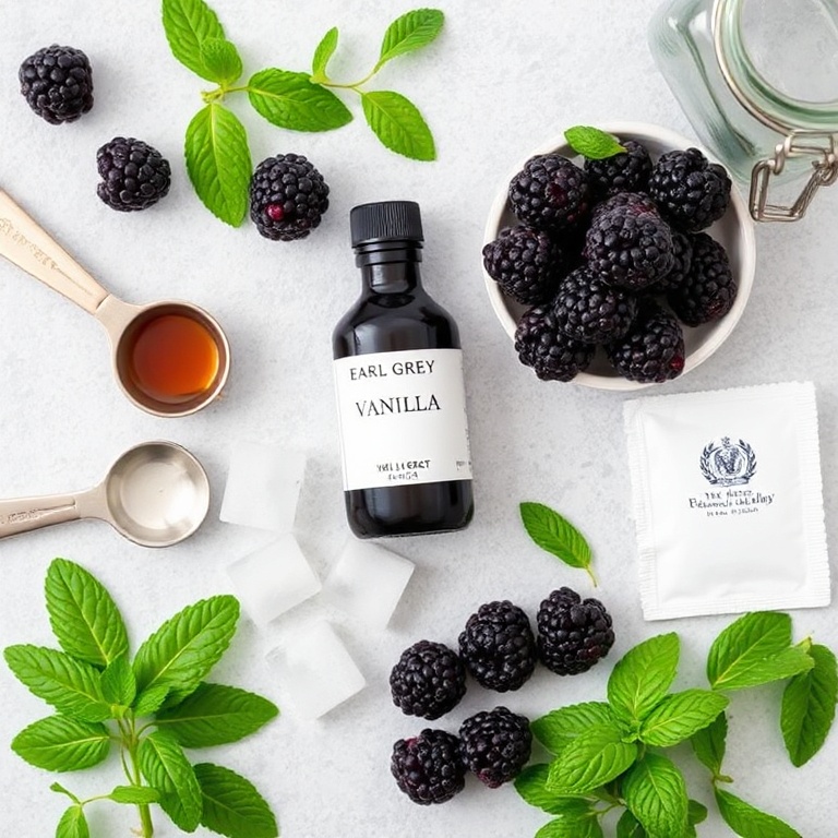 A flat lay of fresh blackberries, vanilla extract, earl grey tea bags, ice cubes, and fresh mint leaves. Measuring spoons and a glass jar are visible.