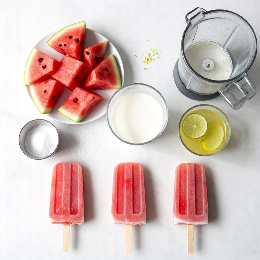 Watermelon, coconut milk, lime, and sugar arranged on a marble surface