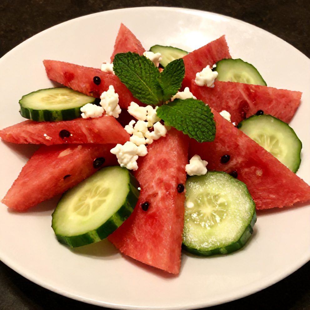 Plated serving of watermelon cucumber salad