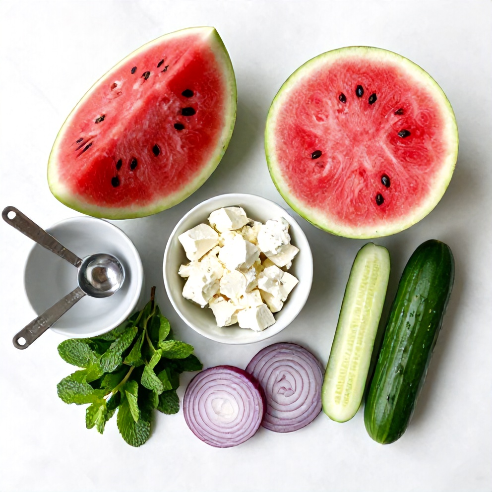 Raw ingredients for watermelon cucumber salad