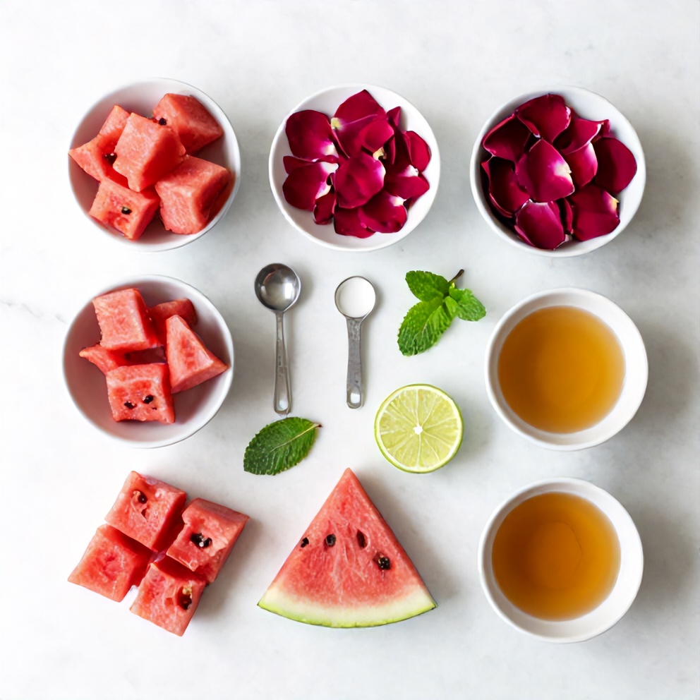Ingredients for Watermelon Rose Cooler on a wooden surface