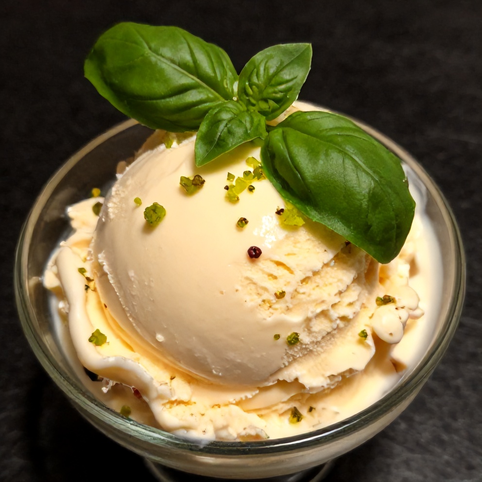 Plated Roasted Strawberry Basil Ice Cream with Lime Zest