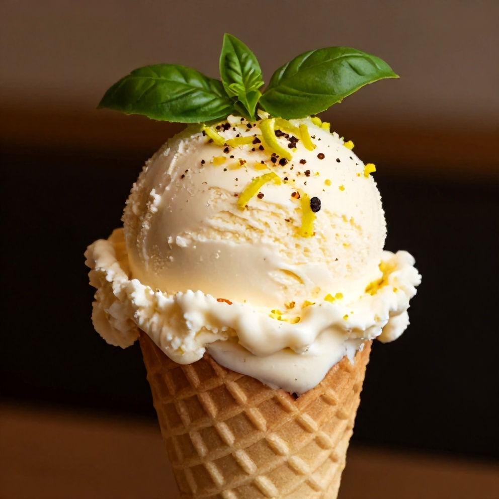 Scoop of Roasted Strawberry Lime Basil Ice Cream on a cone
