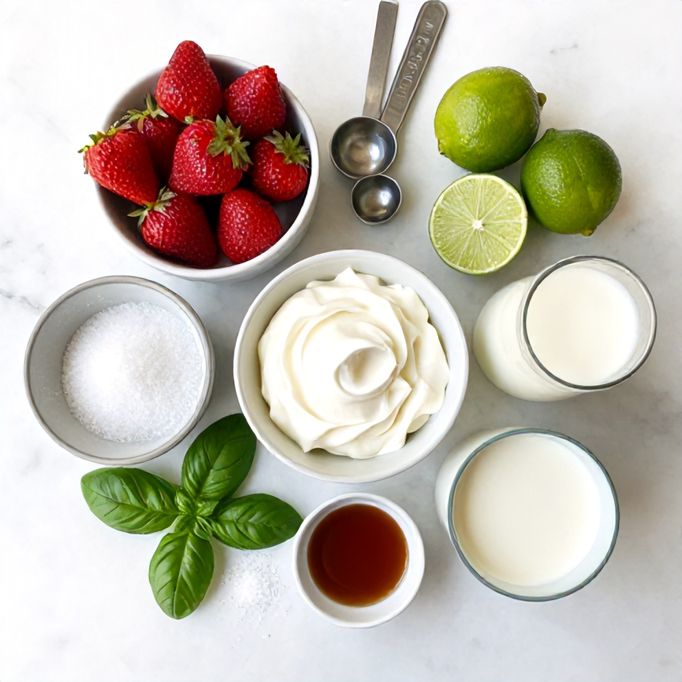 Raw ingredients for Roasted Strawberry Lime Basil Ice Cream