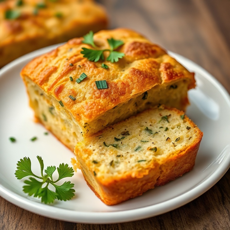 Savory Zucchini Cheddar Quick Bread on a white plate. Sprinkled with fresh herbs. Close crop showing texture.