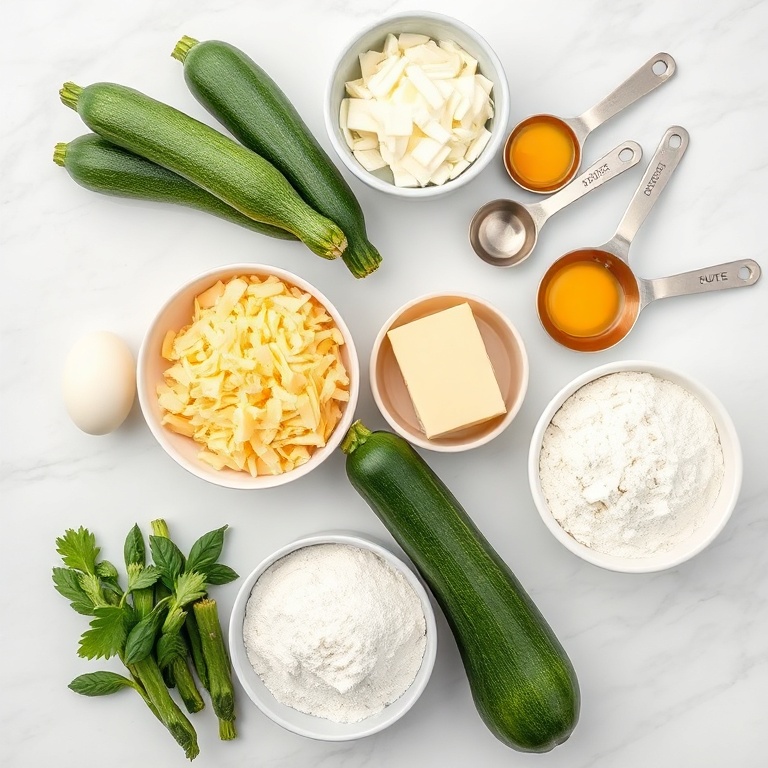 Fresh zucchini, cheddar cheese, all-purpose flour, eggs, and butter arranged in a flat lay. Measuring spoons and bowls visible.