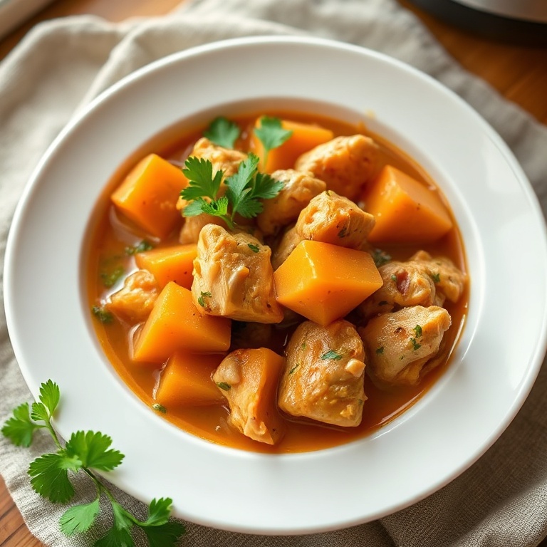 A perfectly plated bowl of slow cooker chicken and sweet potato stew. Garnished with fresh parsley. White porcelain bowl. Warm side lighting showing texture. Photorealistic food photography.