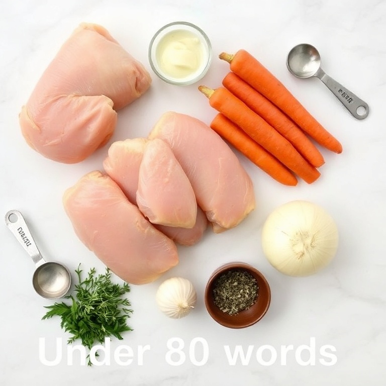Raw ingredients for chicken and sweet potato stew. Chicken thighs, sweet potatoes, carrots, onion, garlic, herbs. Measuring spoons and bowls visible. White marble surface. Bright even light.
