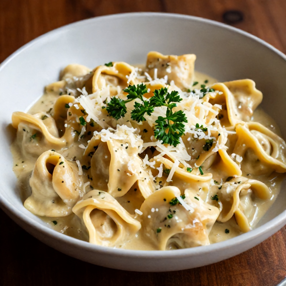 Plated serving of creamy chicken tortellini dinner