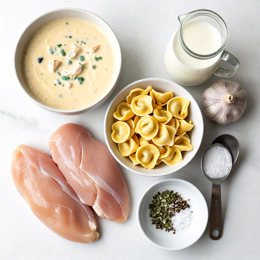 Raw ingredients for slow cooker creamy chicken tortellini